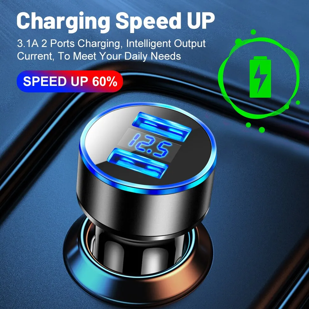 Dual USB 12.5V Voltage Display Car Charger For Cigarette Lighter Smart Phone USB Adapter Mobile Phone Charger Fast Charging