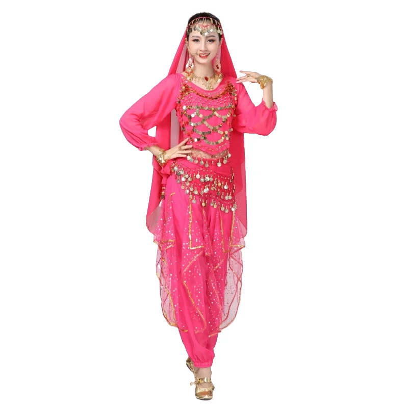 Lady Oriental Indian Dance Arabian Princess Clothes Outfit SetAdult Shiny Belly Dance Outfit Women Sequin Top+Pants Costume Set