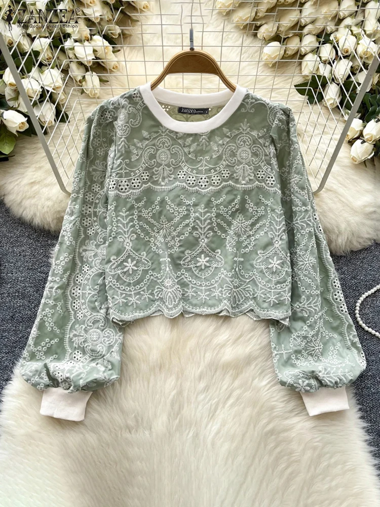 2025 Spring Irregular Hem Tops ZANZEA Vintage Floral Print Blouse Women Long Puff Sleeve Shirt Casual O-neck Colorblock Tunics