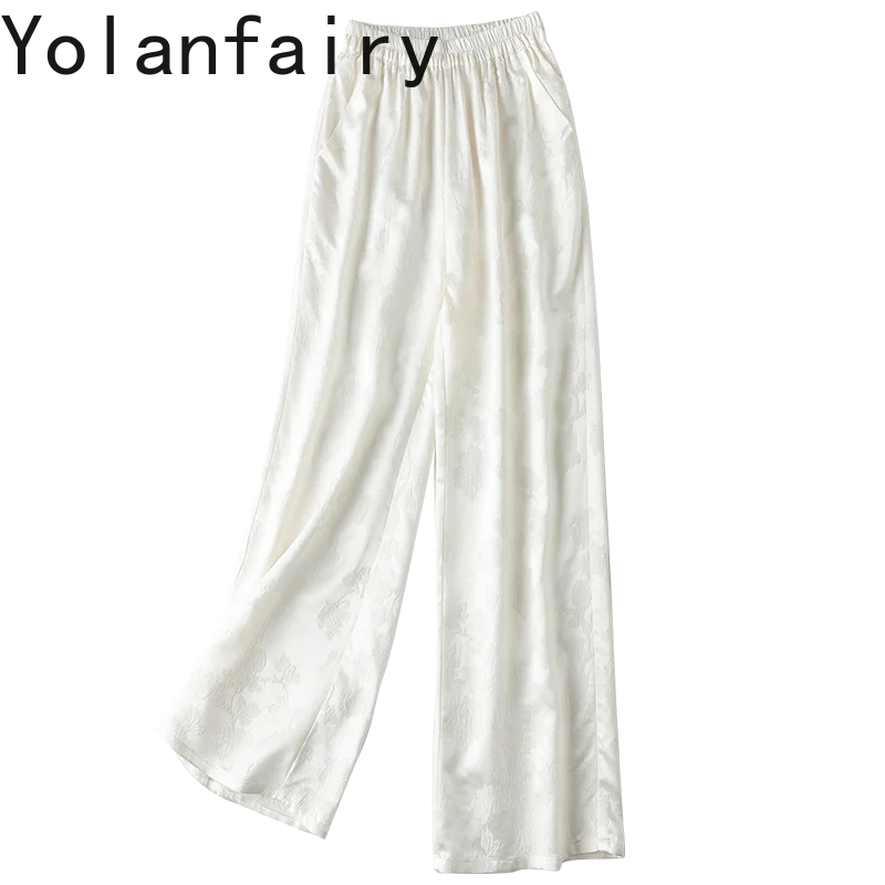 

YOLANFAIRY 30momme 50% Mulberry Silk Pants for Woman 2025 Summer Sculpted Texture Wide Leg Pants Women Satin Trousers Pantalon