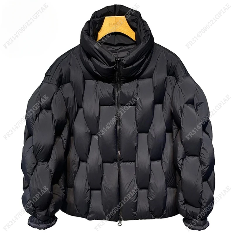 Unisex Thick Parkas Jackets Women Luxury Designer Square Weave High Collar Warm Jacket Casual Oversized Warm Puffer Bubble Coat