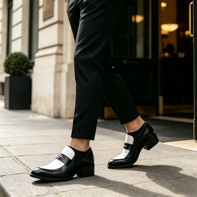 Fashion Two Color Patchwork Men Loafers Pointed High Heel Elevator Leather Shoes Slip On Party Wedding Formal Dress Footwear