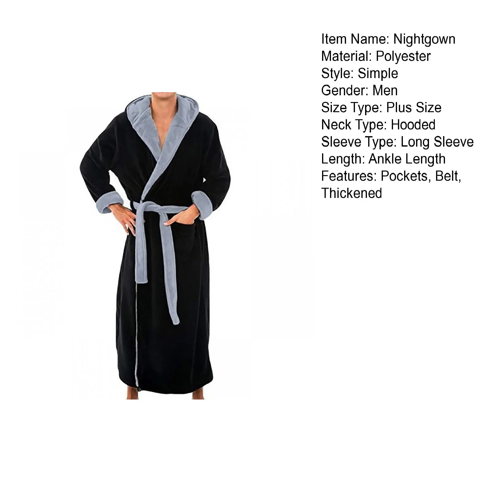 Men Soft Coral Fleece Color Block Pockets Long Bath Robe Home Gown Sleepwear