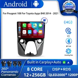 Androidカーラジオ,5G,wifi,BT,2DINなし,DVD, GPS, CPU,マルチメディアプレーヤー,プジョー108,トヨタアイゴB40 2014-2021用