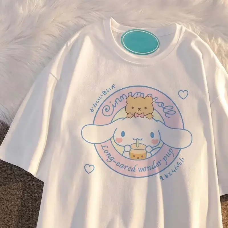 100% cotton Sanrio Kawaii Cinnamoroll girls cartoon short sleeved t-shirt summer new style middle and large children\'s chic top