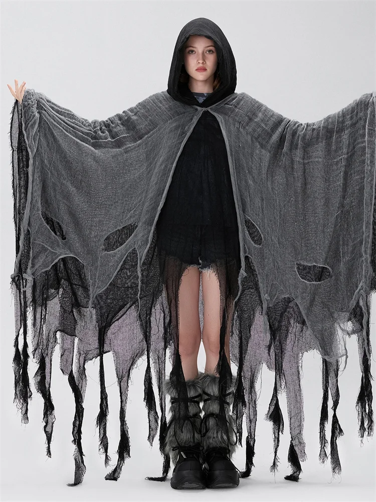 CHRONSTYLE Women Halloween Exaggerated Ripped Horror Cloak Cape Hooded Medieval Grim Reaper Witch Vampire Cosplay Costume 2025