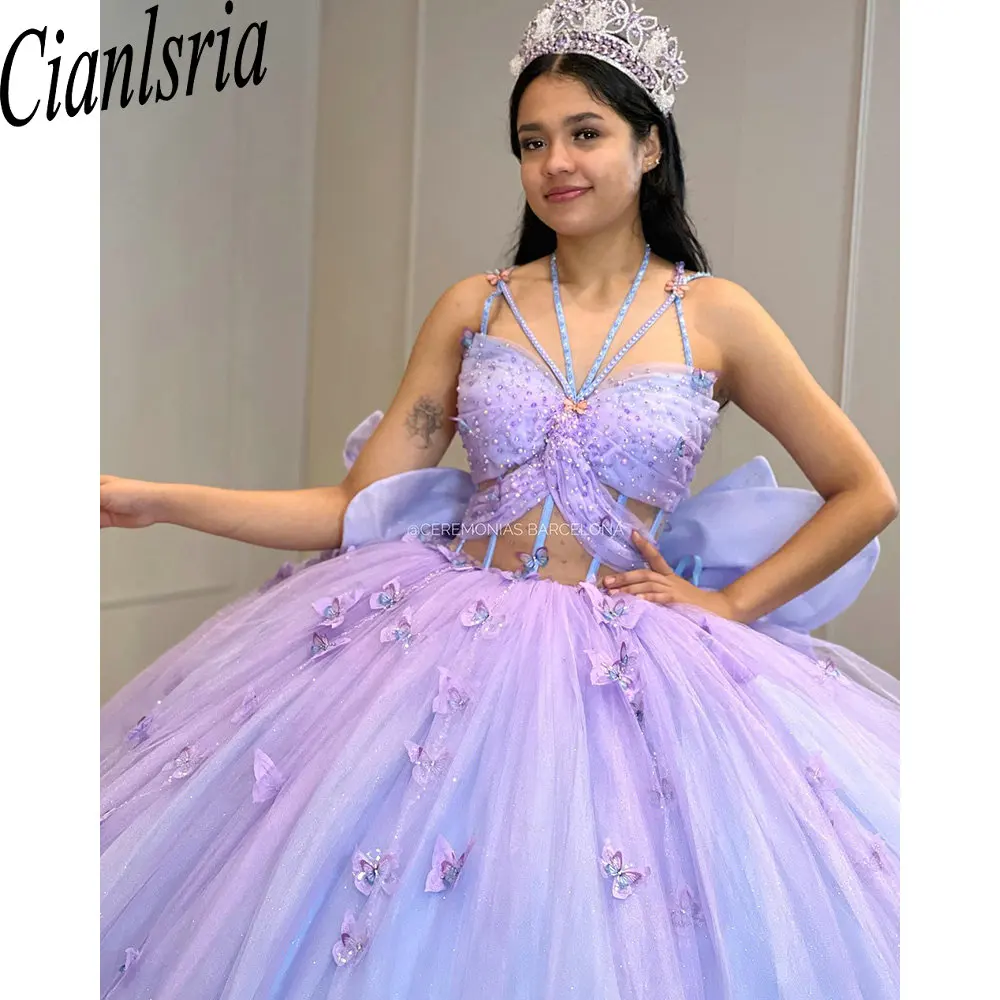 Vestido De quinceañera lila con tirantes finos, vestido De baile con cuentas De perlas, ilusión 3D, corsé con lazo De mariposa, 15 Años