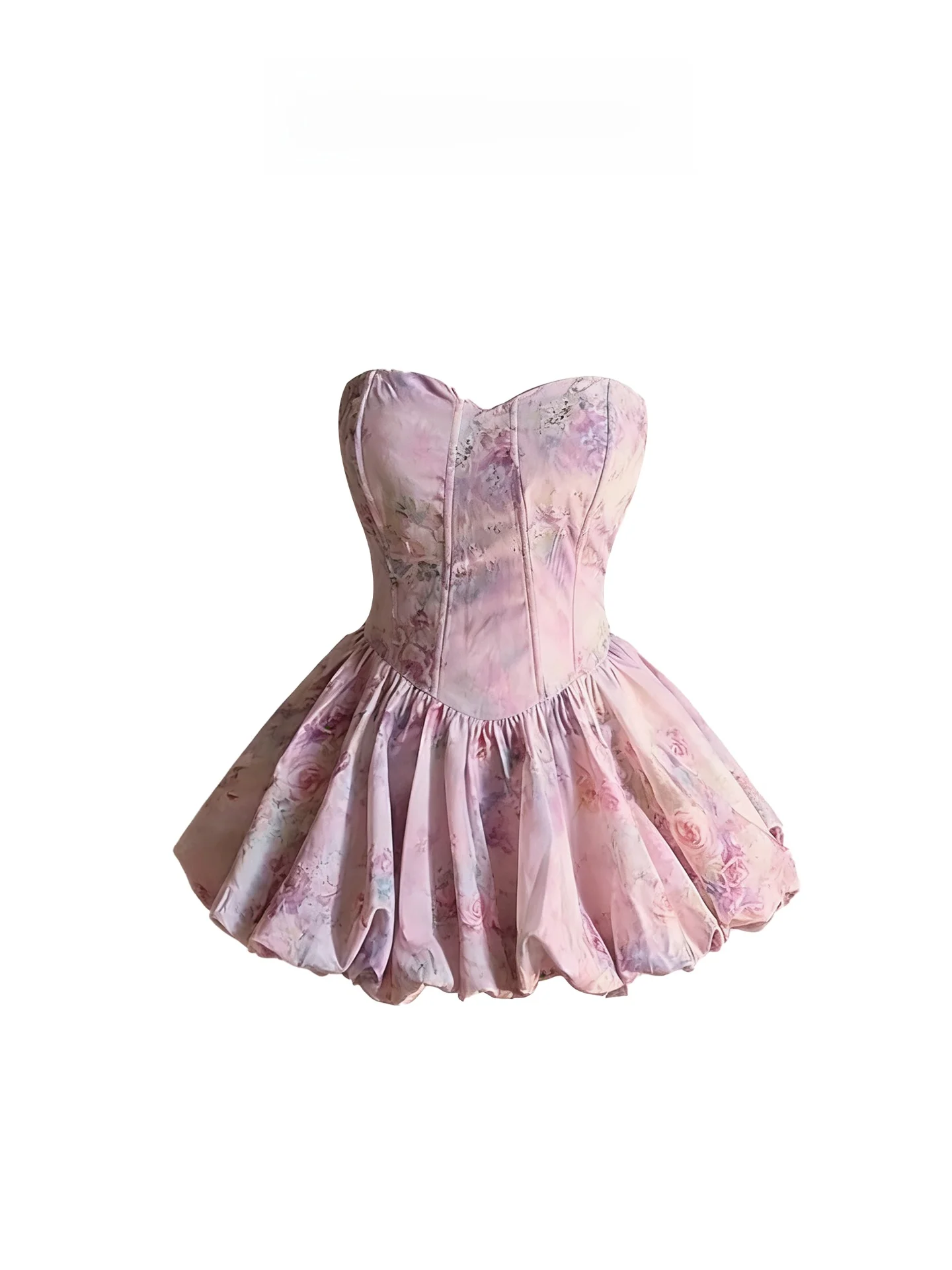 

HEZA Pure Desire Pink Floral Tube Dr Women's Spring Summer Slimming Holiday Puffy Skirt A-Line Sle French Sle No Sve