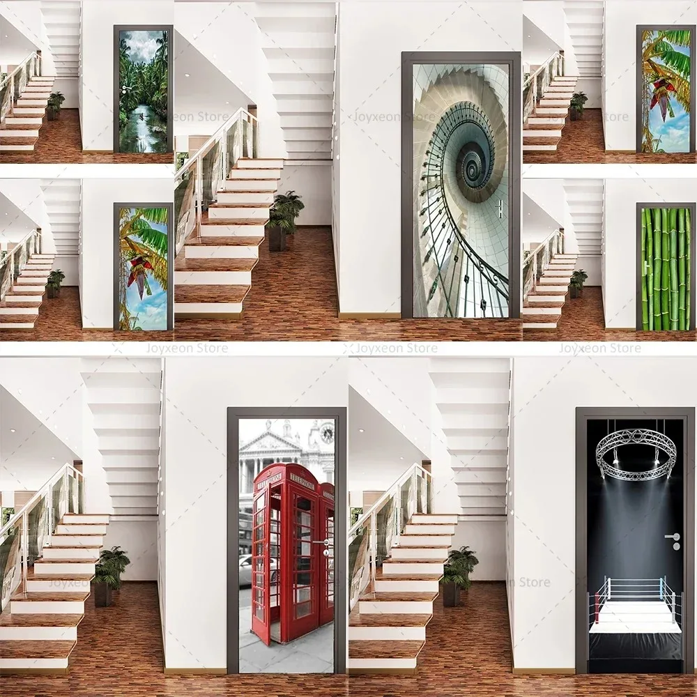 3D Vision Door Sticker Green Plant Poster Beautify Bedroom Wardrobe Surface Apartment Elevator Home Decoration Door Stickers