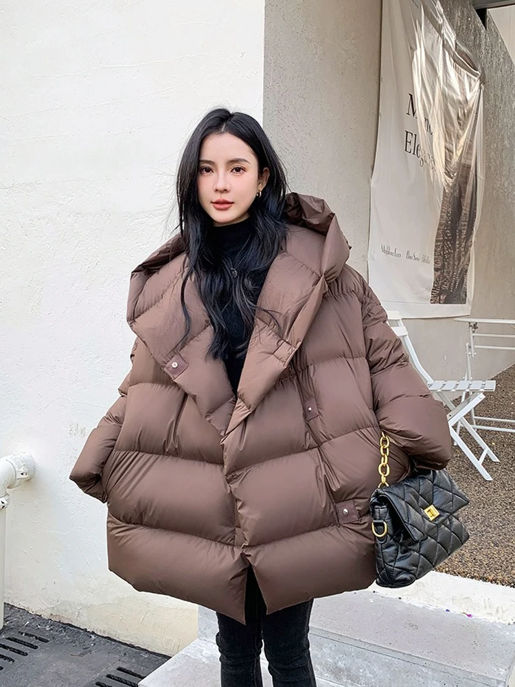 Luxury Women\'s Fluffy hooded down jacket oversized Winter Warm Solid Long sleeve puffer coat High quality Korea INKEO 3O280