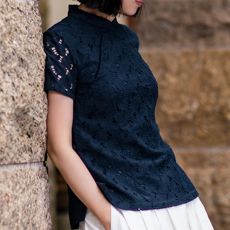 

Chinese Sle ort Sve Embroidered Silk Cotton irt Stand Collar Side Buttoned Women's Top Summer Faion Ladies' Clothing