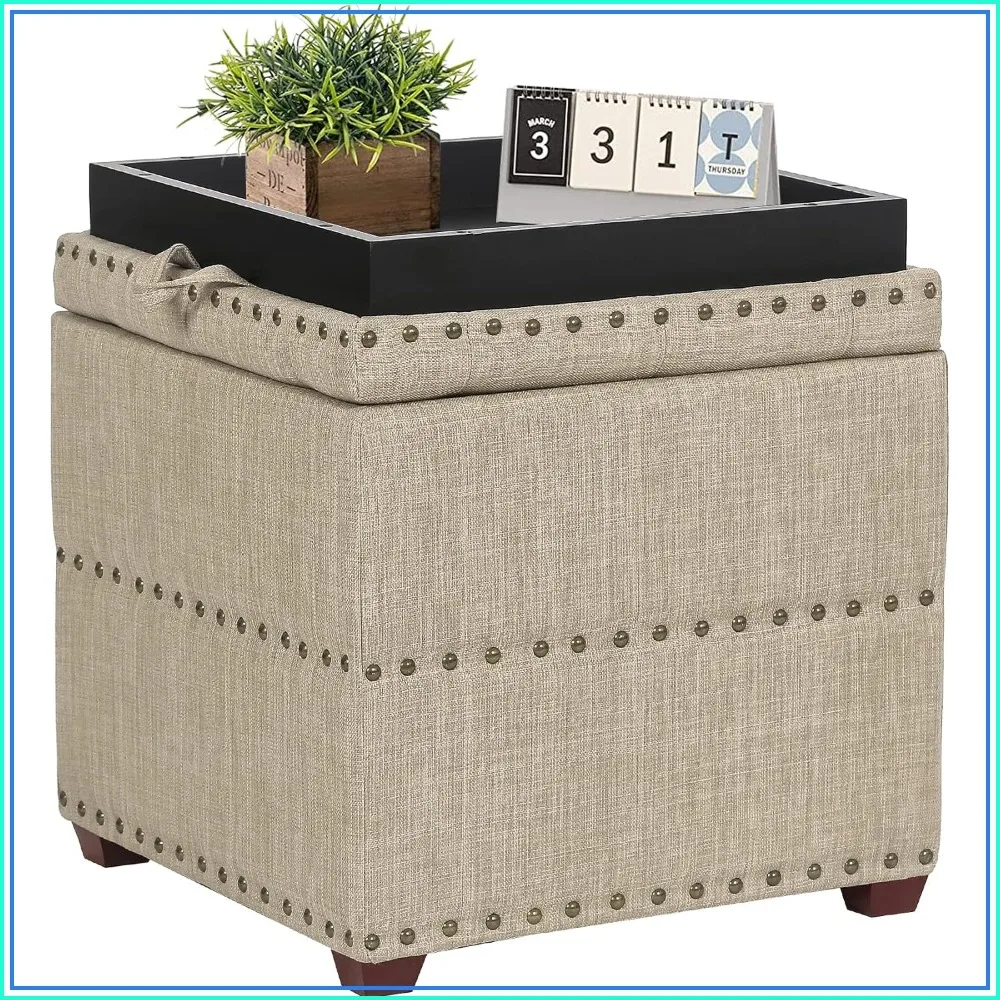 Adeco 18 Inch High Cube Storage Ottoman Linen Beige Foot Stool with Tray & Solid Wood Legs