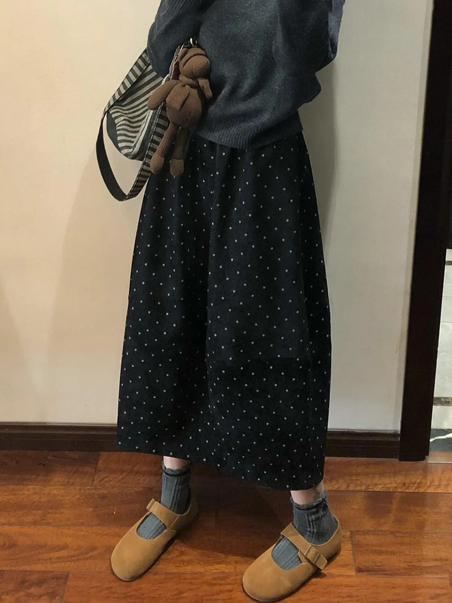 Spring New Arrival Retro Tweed Color Block Polka Dot A-Line  Skirt Women High Waist Hip Concealing Umbrella Skirt