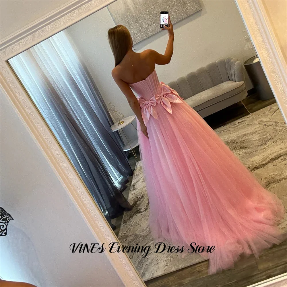 VINES Pink Tulle Evening Dresses with Embroidered Gala Dresses Giant Bow Formal Dresses Strapless A Line Party Dress Customized
