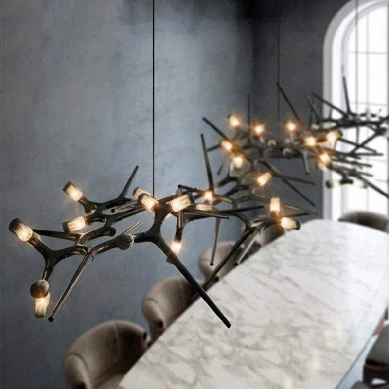 Restaurant Long Nordic Black Chandelier Designer Hanging Light for Living Room Luxury Villa Club Custom Creative