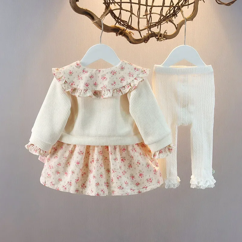 2024 Autumn New Girl Korean Edition Sweet Cute Flower Two Piece Set Baby Autumn Dress Little Girl Short Skirt Set Girl Clothes