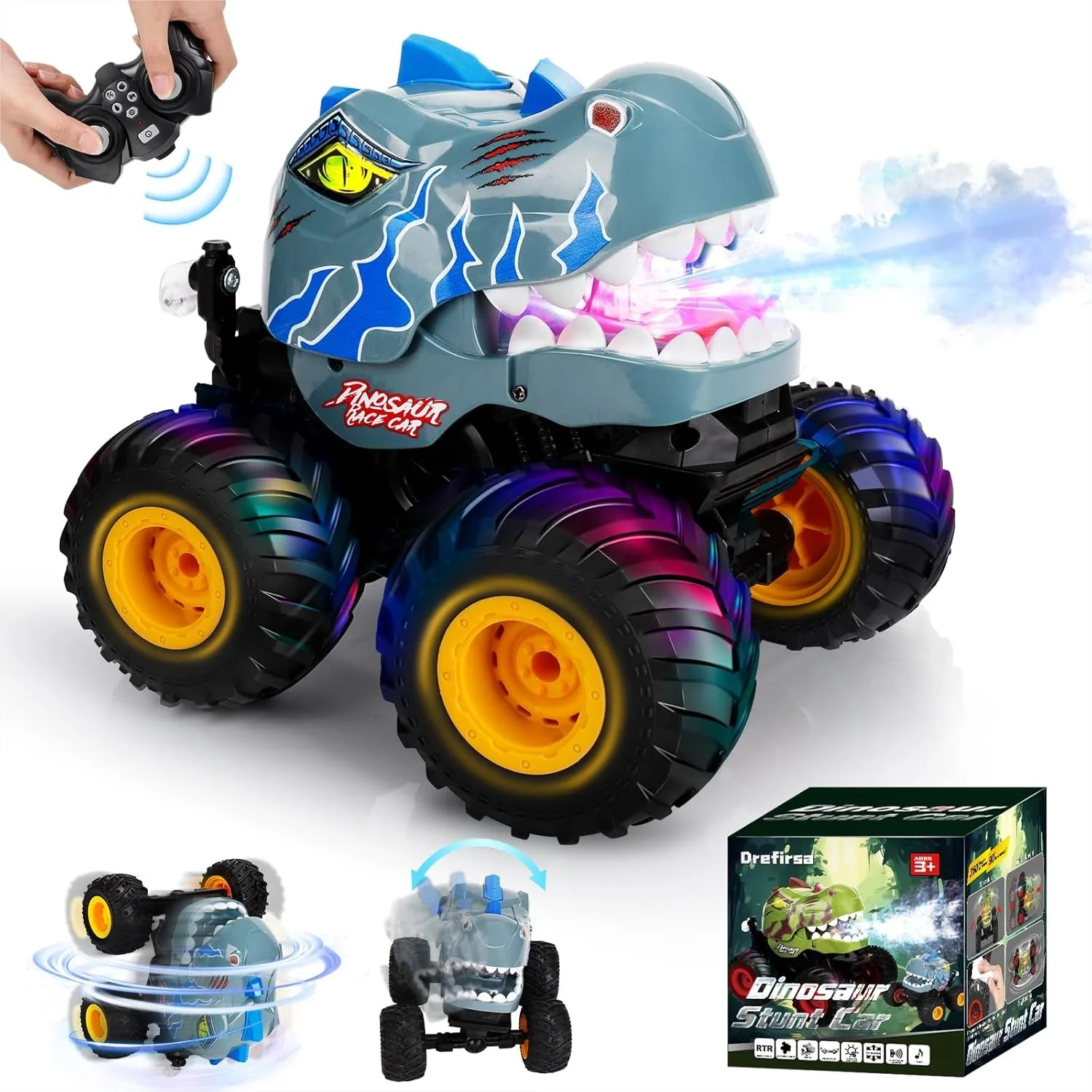 

Dinosaur RC Stunt Car for Boys 4-7 8-12, Monster Truck Toys with 50min+ Runtime, Spray, LED Light, 360° Rotation & 90° Driving, Kids Birthday Gift