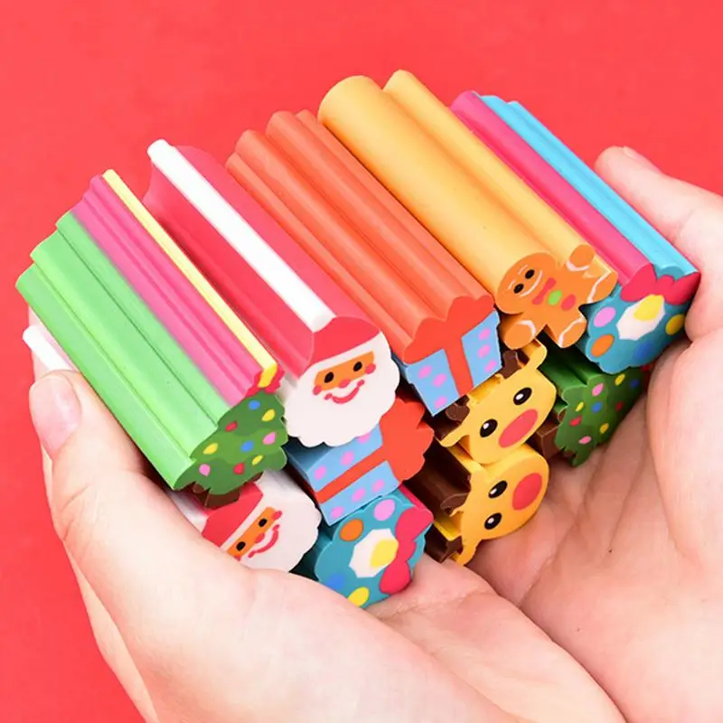 Christmas Classroom Eraser Set Of 6 Long Santa Pencil Erasers Colorful Snowman Elk Erasers Cute Winter Holiday Erasers 3D For