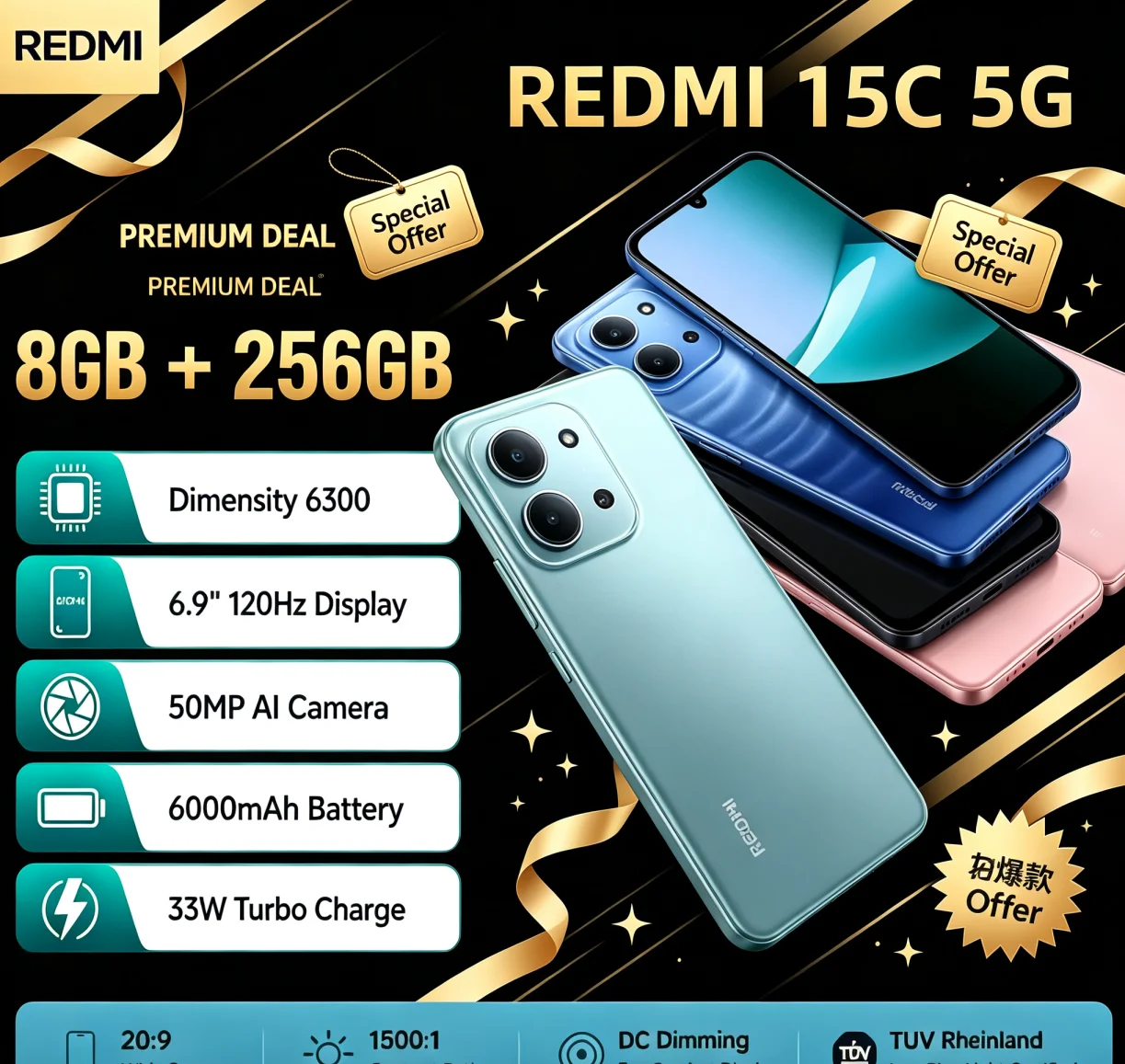 Flash Deal 2026 Global Unlocked Redmi 15C Budget Cellphone 8GB 256GB Storage Dual‑SIM Dual Standby Practical Daily Android