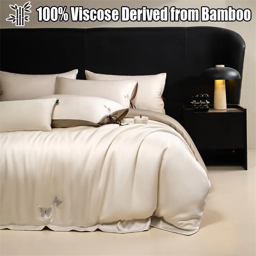 Natural Bamboo Bedding Set Silky Ultra Soft 300TC Duvet Cover Set 100% Bamboo Bed Sheet Set Embroidered Pillowcase Fitted Sheet