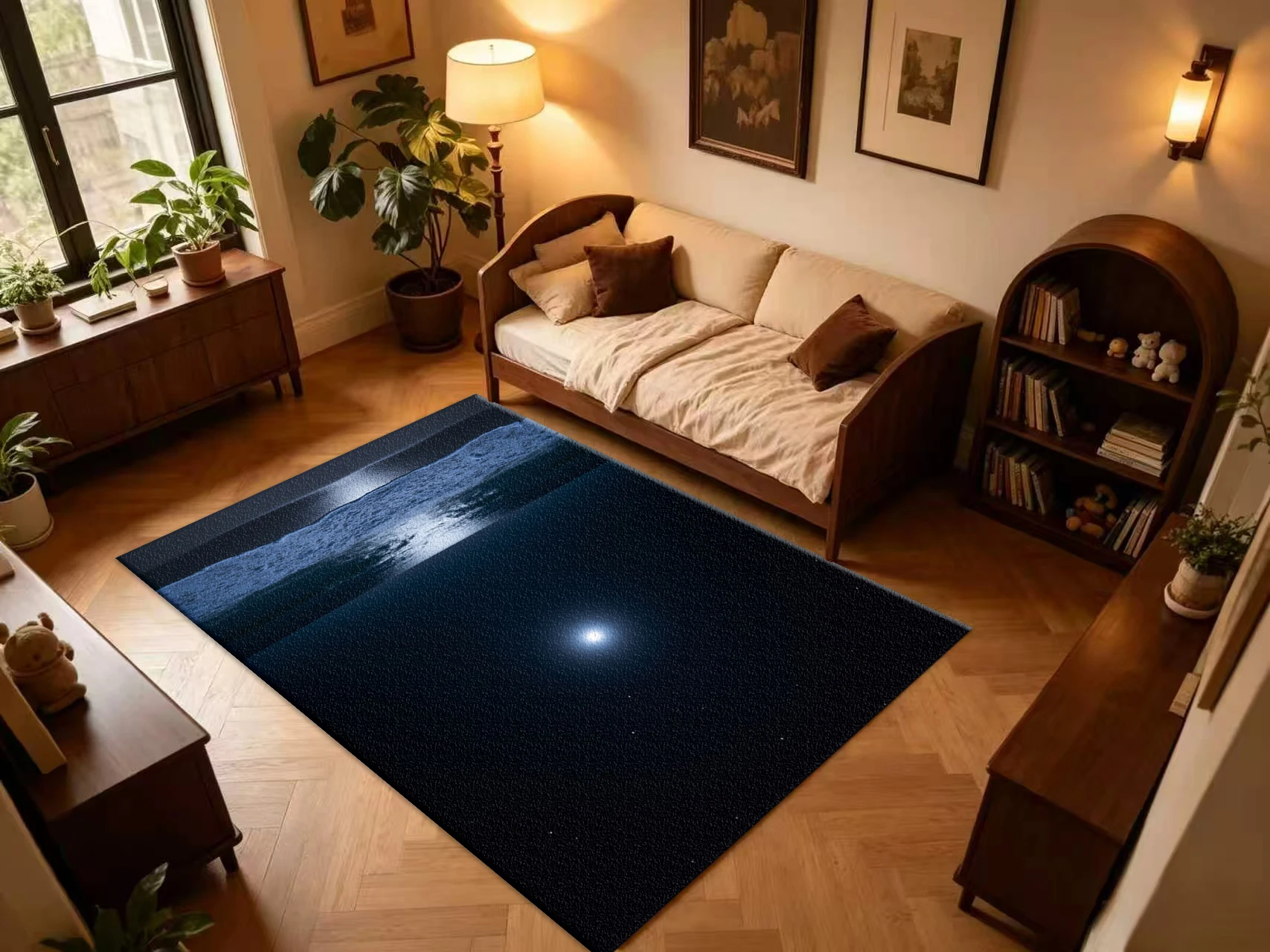 Night Moon Seaside Beach Carpet Flooring, Calm Ocean Scenery Non-Slip Area Rug for Living Room Balcony Home Floor Mat