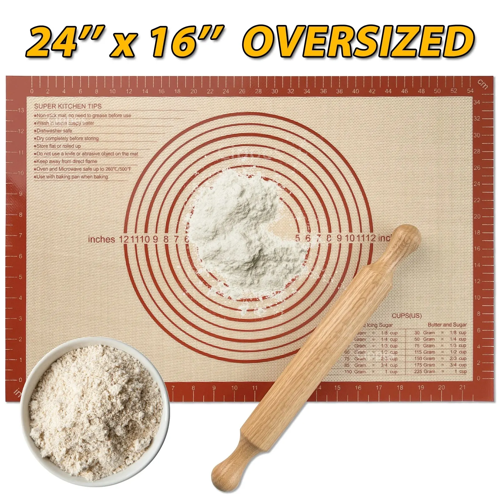 Silicone Baking Pastry Mat with Measurements, for Oven, Large & Extra Thick, Non-slip Non-stick Kneading Mats for Dough Rolling