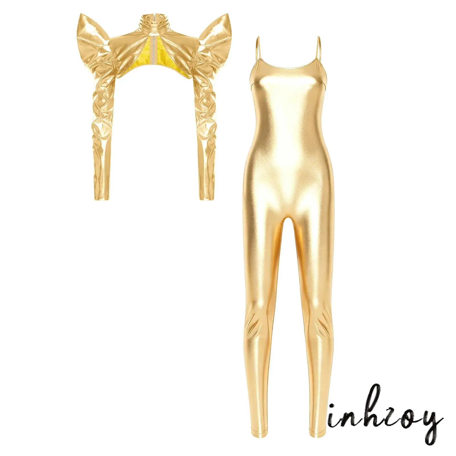 

Womens Metallic Shiny Outfit Back Zip Leggings Bodycon Sling Jumpsuit and Futuristic Open Front Crop Top Halloween Costume