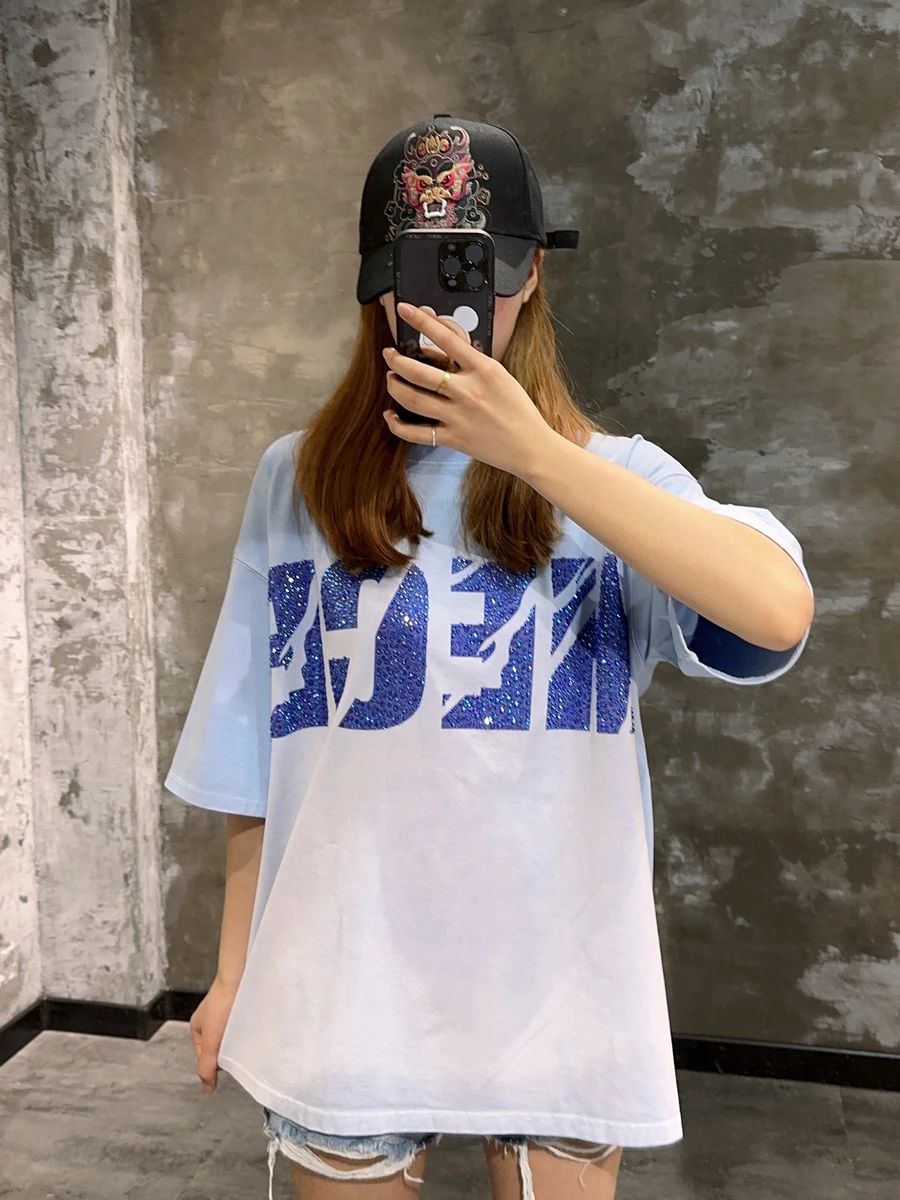 Luxury Brand Summer Women Tshirts High Qaulity Shiny Hot Drilling Bunny Short Sleeve T-shirt Gradient Tie-dye Loose Men Tops