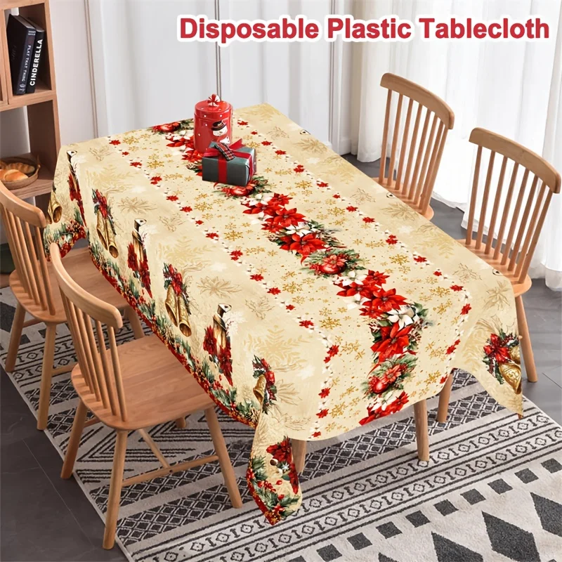Christmas Tablecloth Rectangular Poinsettia Bell Lantern Waterproof Washable Retro Xmas Family Dinner Party Table Decor