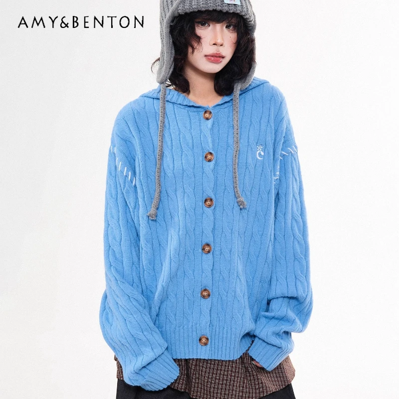 

American Retro Design Embroidered Hooded Women's Sweater Autumn Winter New Loose Slimming Versatile Knitted Cardigan Coat Ladies