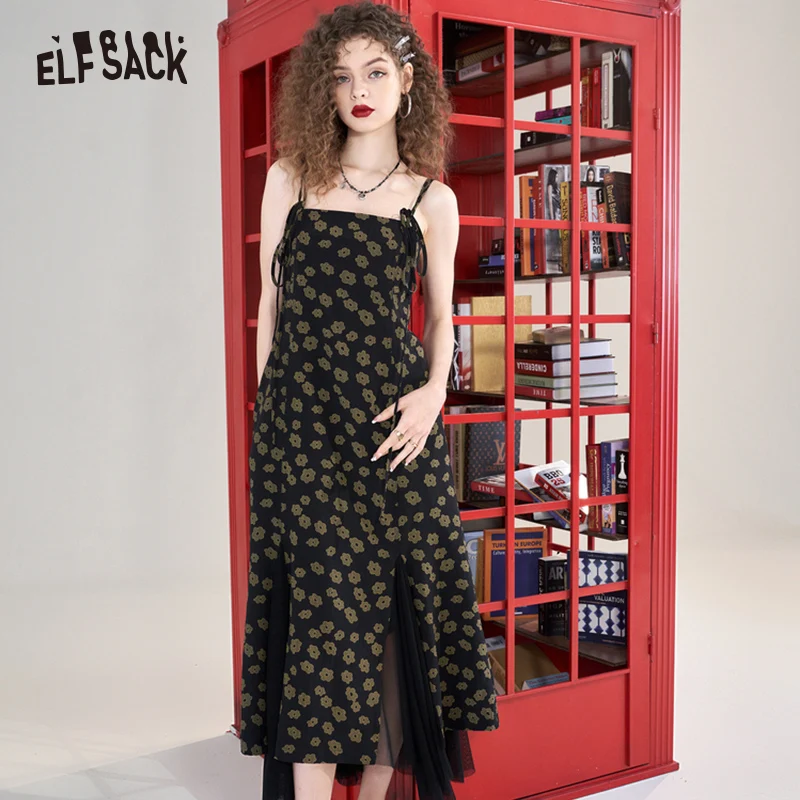 ELFSACK Floral Strap Dress Women 2023 Spring New Slinky Dresses