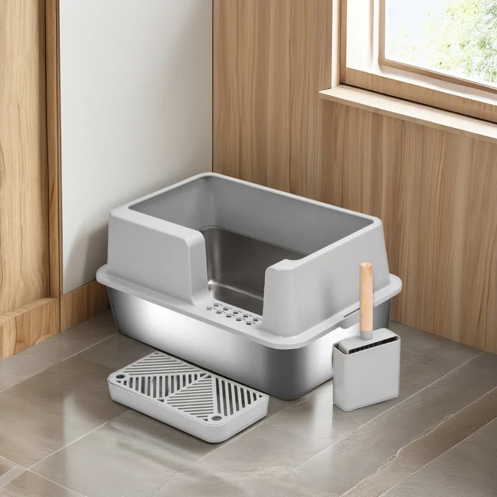 High Fence Stainless Steel Cat Sand Box Pet Toilet With High Efficiency In Containing Cat Litter Splash Cat Litter Box Accessory