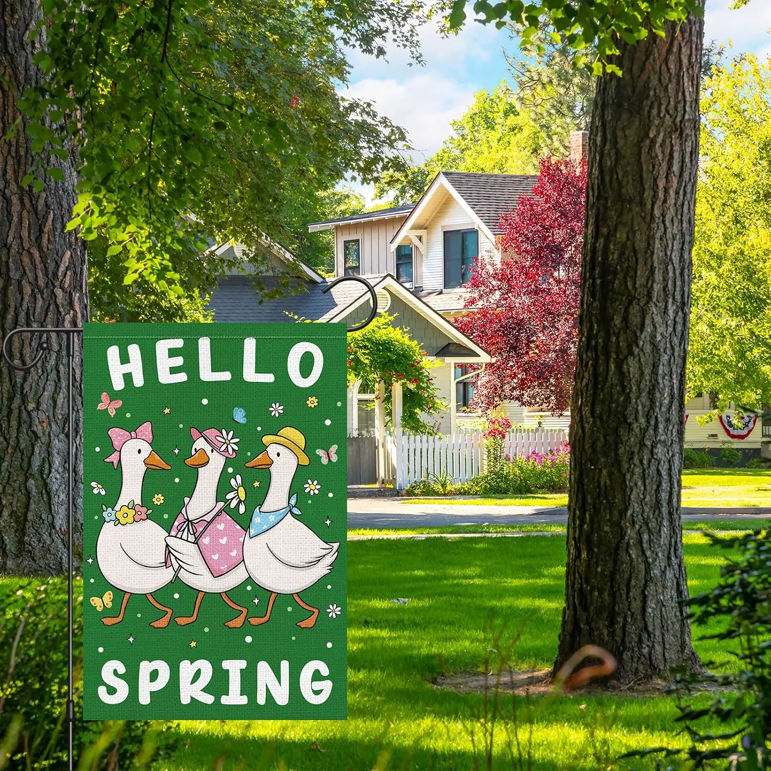 Heyfibro Hello Spring Cute Duck Garden Flag 12x18 Double Sided Burlap, Adorable Ducky Floral Outdoor Yard Banner for Rustic  WWP