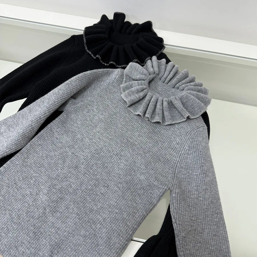 

Шерстяная нижняя рубашка с рюшами и воротником для девочек от 1 до 10 лет, тонкий вязаный свитер, новый стиль на осень и зиму 2025 года