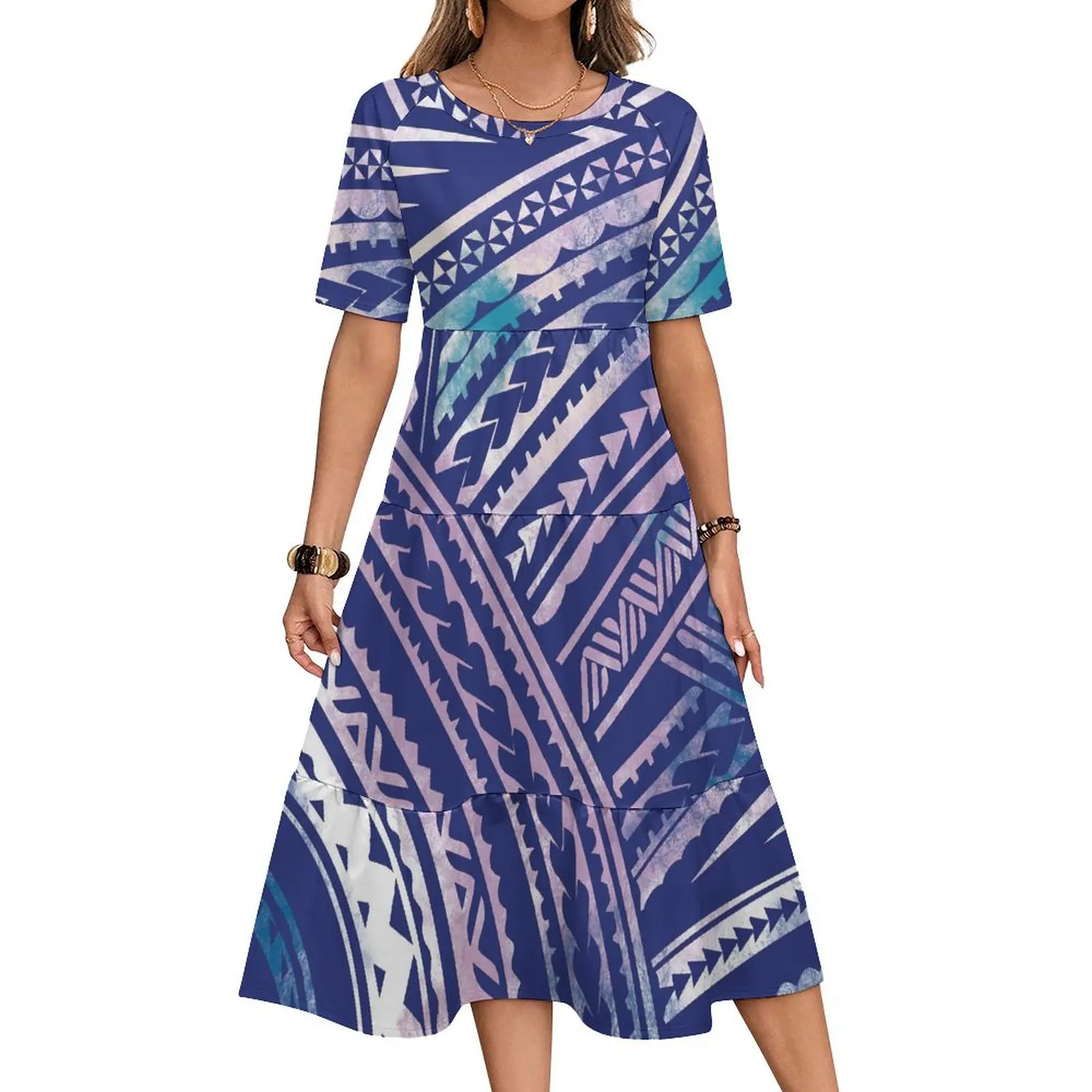Novo atacado personalizado tonga design tribal polinésia multi em camadas vestido de manga curta maxi vestido casual plus size roupas femininas