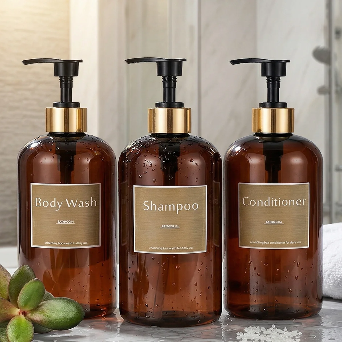Modern Minimalist Soap Dispenser Refillable Shampoo Pump Bottles with Labels, Luxury Hotel Style Shower Organizer for Body Wash
