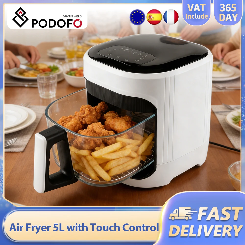Friggitrice ad aria Podofo 1350W 5L con controllo touch e temperatura regolabile fino a 200°C ° Cucina Senza Olio con 7 Menu Preimpostati per 3-5 Pers