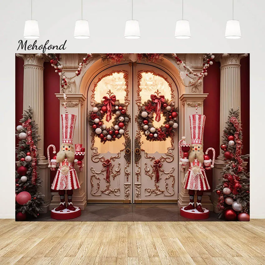 

Mehofond Christmas Arch Door Wreath Photography Background Pink Toy Soldiers Xmas Tree Decor Backdrop Kids Portrait Photozone