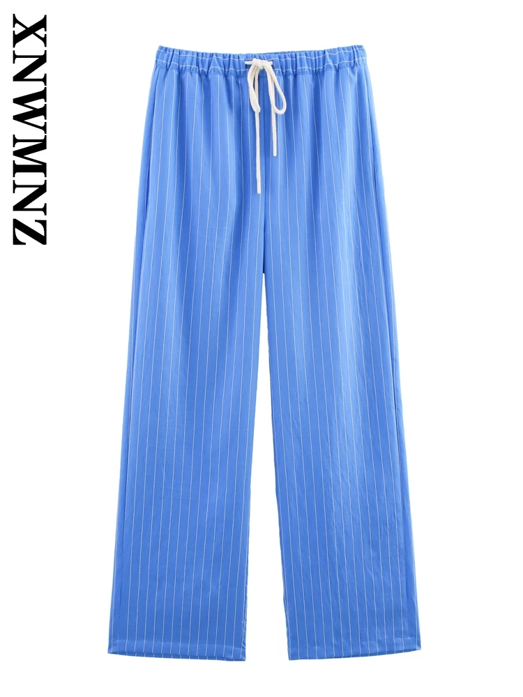 

XNWMNZ 2025 Summer New Woman Japanese High Waist Long Pants Streetwear Spring Woman's Lace Bottoms Print Pockets Ruffles Striped