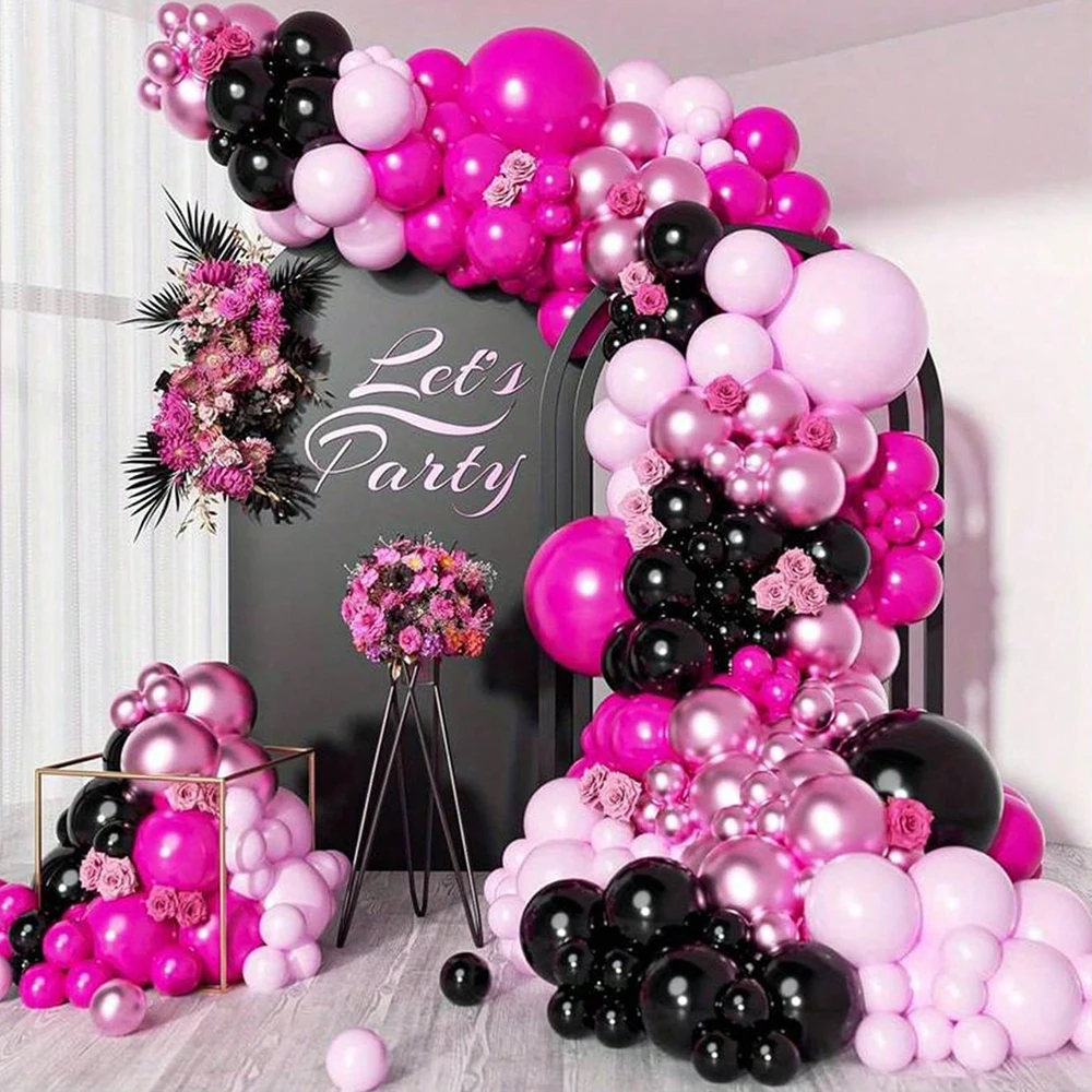 141Pcs Hot Pink Black Latex Balloons Garland Arch Kit Birthday Party Baby Shower Bridal Shower Wedding Princess Party Decor