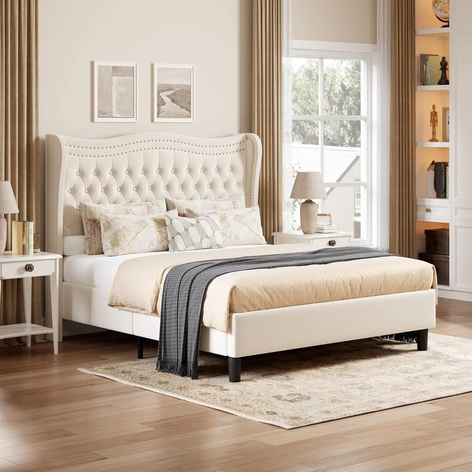 Upholstered Queen Size Bed Frame with Tall Headboard, Velvet Wingback Platform Bed Frame with Deep Button Tufted,, Customized