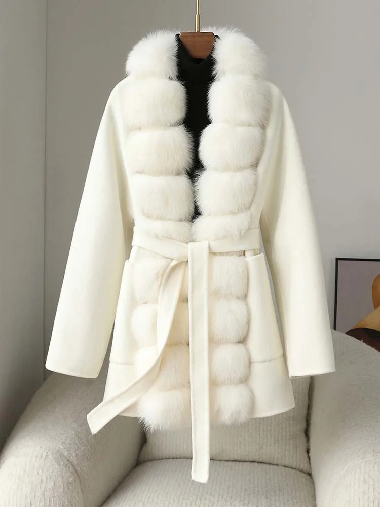 Hot-selling fashion new large fox fur collar high-end woolen fur coat temperament cashmere woolen coat mid-length