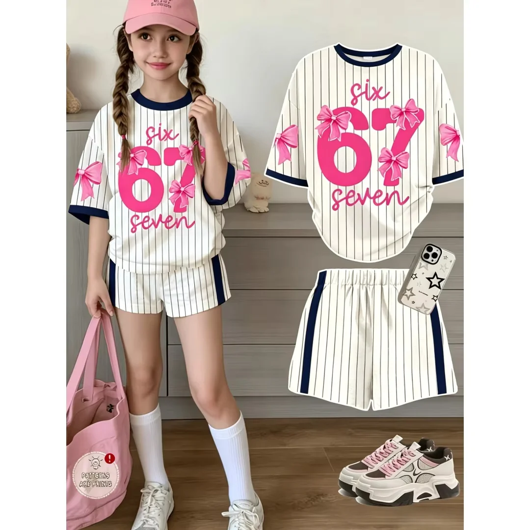 Girls White Stripe Pink Trim 67 Bow Graphic Tee Matching Side Stripe Shorts Sweet Preppy Soft Cute Casual Kids Daily Streetwear