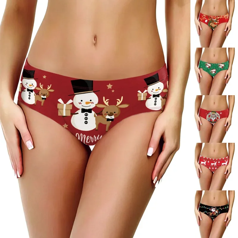 

2024 Women Panties Christmas Printing Low Waist Wrapped Hip Soft Seamless Underwear Women's Tanga Xmas Fashion Underwear