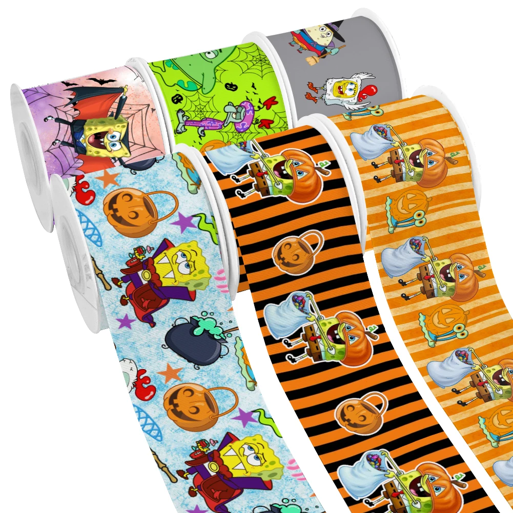 Halloween Pattern Cartoon SpongeBob Printed Grosgrain Ribbon For Girl Head Wear Hair Bows 10 Yards Satin Ribbon