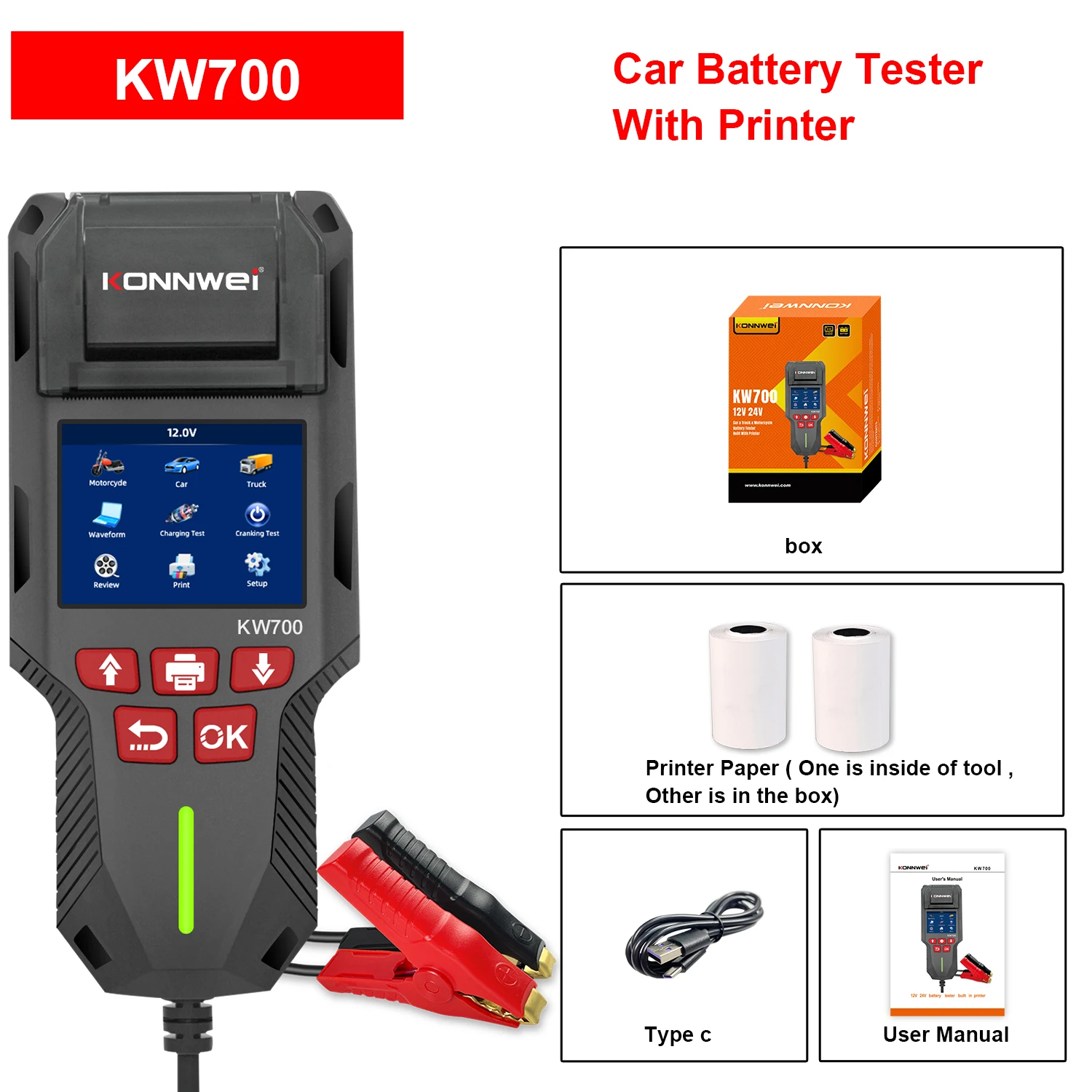 KONNWEI KW700 자동차 트럭 오토바이 배터리 테스터 12V 24V 프린트 기능 배터리 분석기 크랭킹 충전 테스트 도구 10-2000CCA