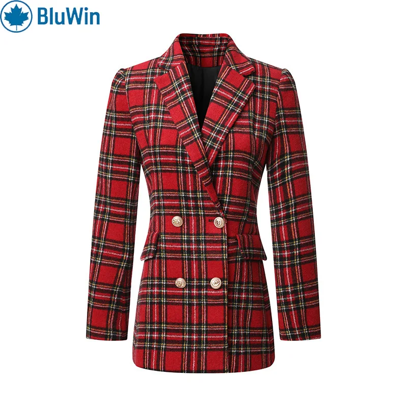 

BluWin Red Plaid Blazer Women Double-Breasted Gold Buttons Tailored Slim Fit Checkered Jacket Office Lady Fall Winter