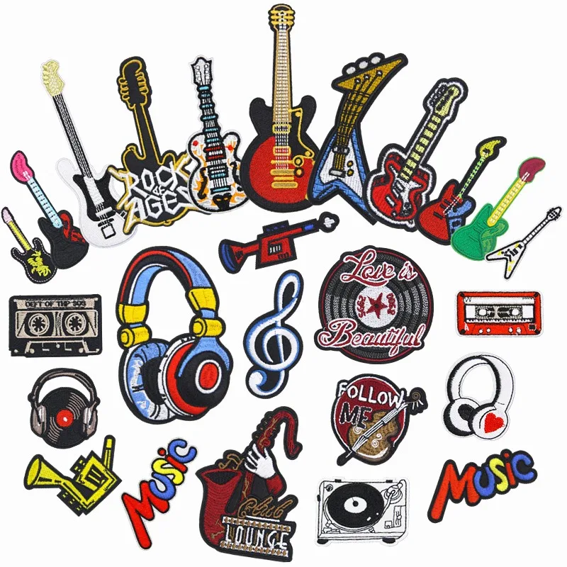 

Rock DJ Disco Music Guitar Headphones Bass Tape Iron-on Sew Embroidered Badge Patches for DIY T-shirt Backpack Clothing Applique