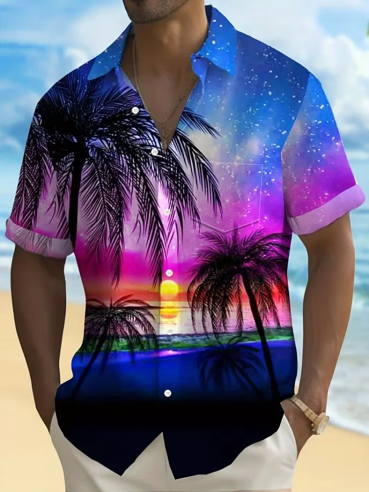 Men's short sleeved shirt neon colorful coconut tree beach night view full print top for vacation party versatile Hawaiian shirt