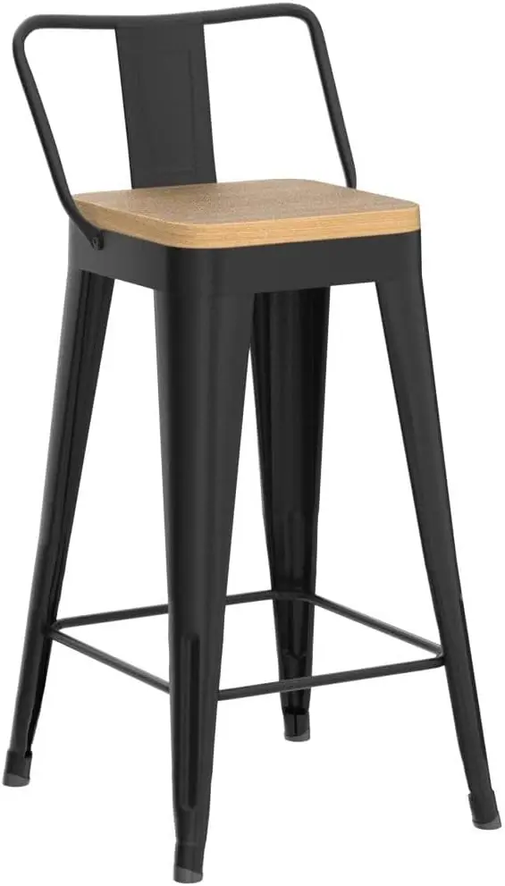 Metal Bar Stools Set of 4 Counter Height Bar Stools Barstools with Removable Back 24" Kitchen Bar Stools with Wooden Seat